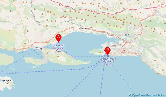Map of ferry route between Split Airport (Resnik) and Split